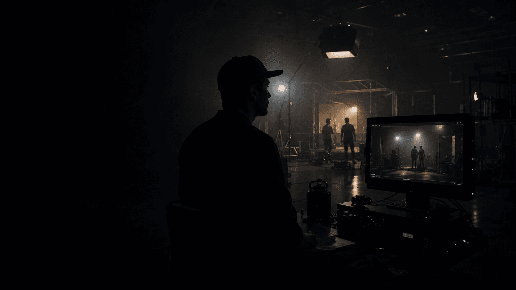 Cinematic production set with silhouetted producer and monitor glow