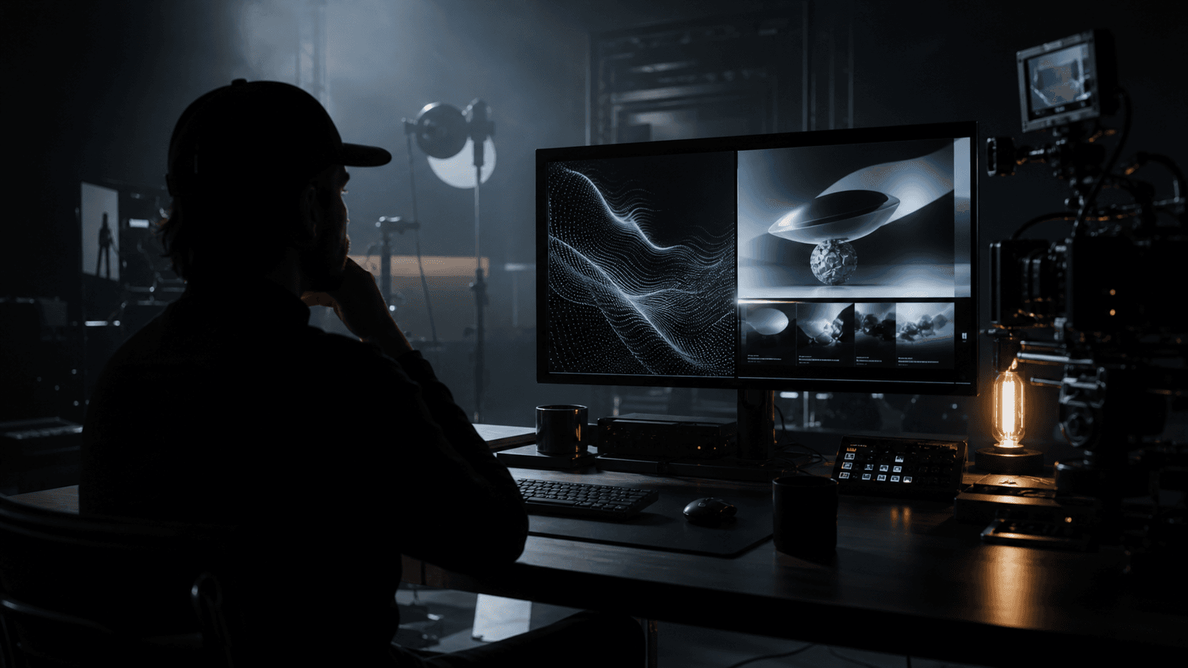 AI brand partnership production thumbnail with monitors and camera gear
